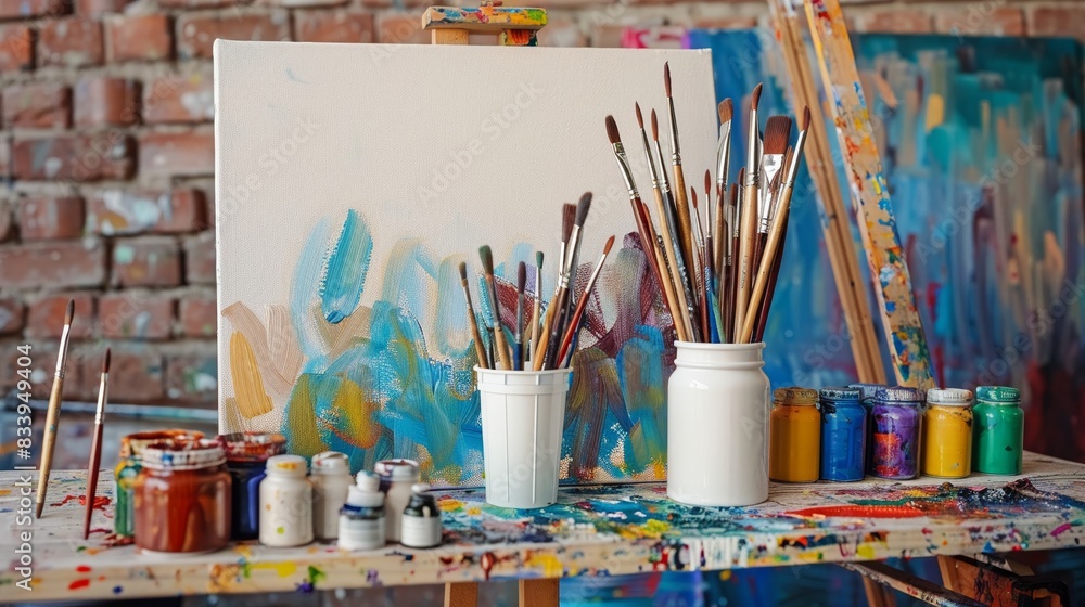 An artist s workspace with paintbrushes, canvas, and colorful paints An artist s workspace with paintbrushes, canvas, and colorful paints