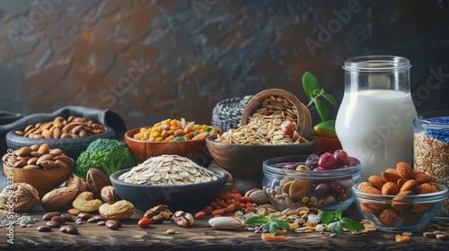 Assorted high protein health food with grains, vegetables, dried fruit, almond yoghurt, supplement powders, nuts, seeds, rich in fibre, antioxidants, and vitamins. photo