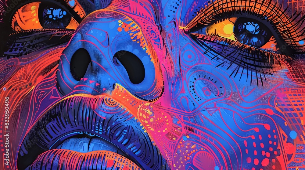 Naklejka premium A painting of a woman's face with blue and red colors