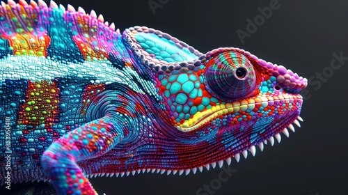 Close up of a brightly colored chameleon. Psychedelic and vibrant animal artwork. Beautiful multicolor scales. Generative AI. photo
