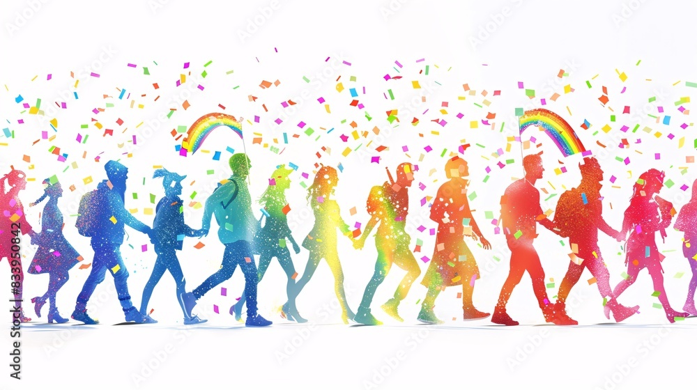 22. LGBTQ+ individuals walking in unison, holding hands, with vibrant rainbow decorations and confetti, white background, full color 22. LGBTQ+ individuals walking in unison, holding hands, with vibrant rainbow decorations and confetti, white background, full color