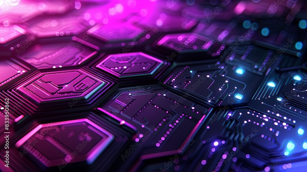 Fototapeta premium A close up of a purple and blue electronic circuit board with many small squares