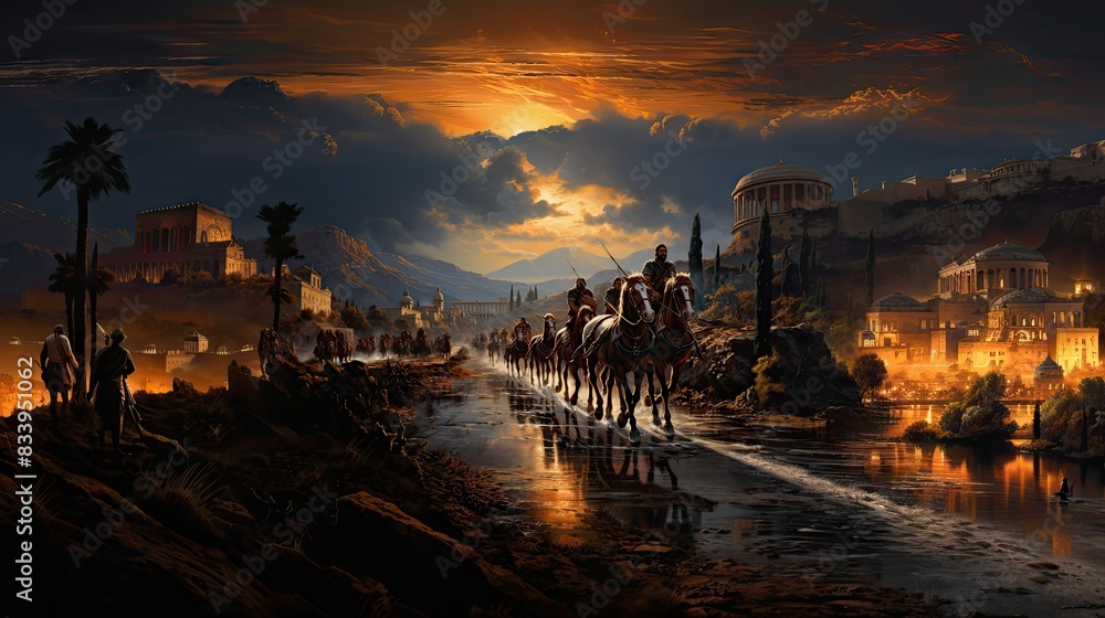 Stunning digital artwork featuring a historic ancient civilization scene with horses and architecture Stunning digital artwork featuring a historic ancient civilization scene with horses and architecture