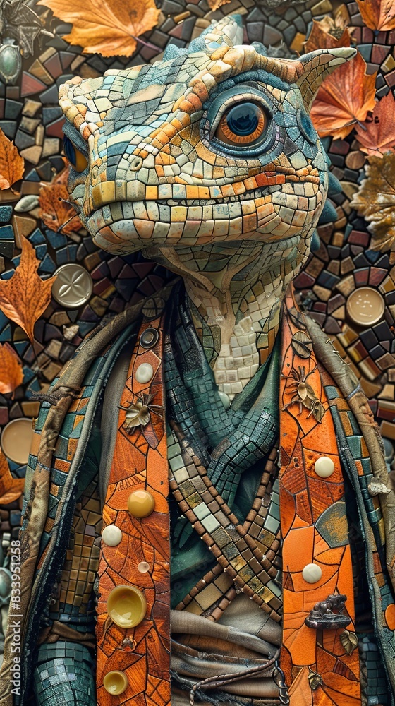 Fototapeta premium A small lizard with a blue and green body and orange and blue clothing