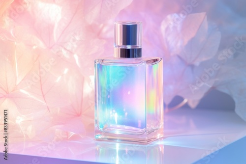 Holographic Perfume Bottle with Soft Pink Leaves