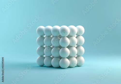 Abstract arrangement of white spheres forming a cube on a teal background, illustrating modern design and minimalistic creativity.