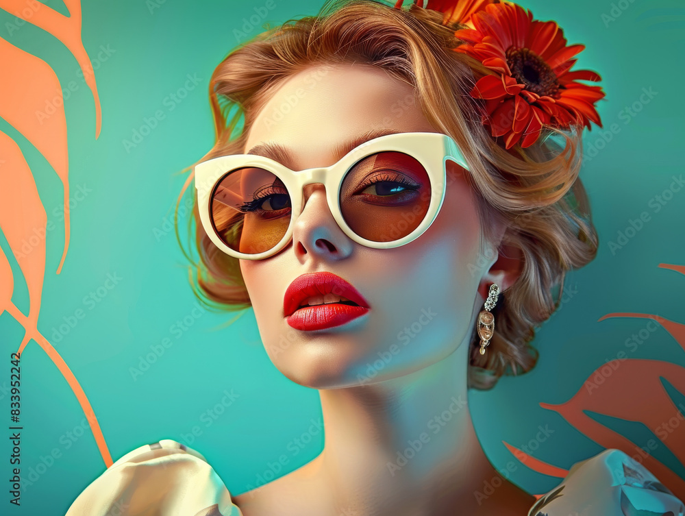 Fototapeta premium Retro style pastel colors summer background. Fashion woman wearing big sunglasses.