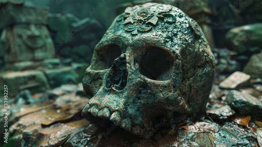 A skull is sitting on a pile of rocks in a dark, mysterious setting