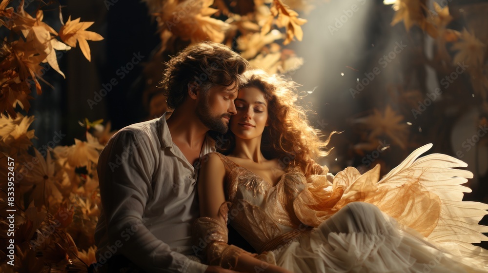 An enchanting scene of a loving couple surrounded by autumn leaves and soft light in a whimsical forest setting An enchanting scene of a loving couple surrounded by autumn leaves and soft light in a whimsical forest setting