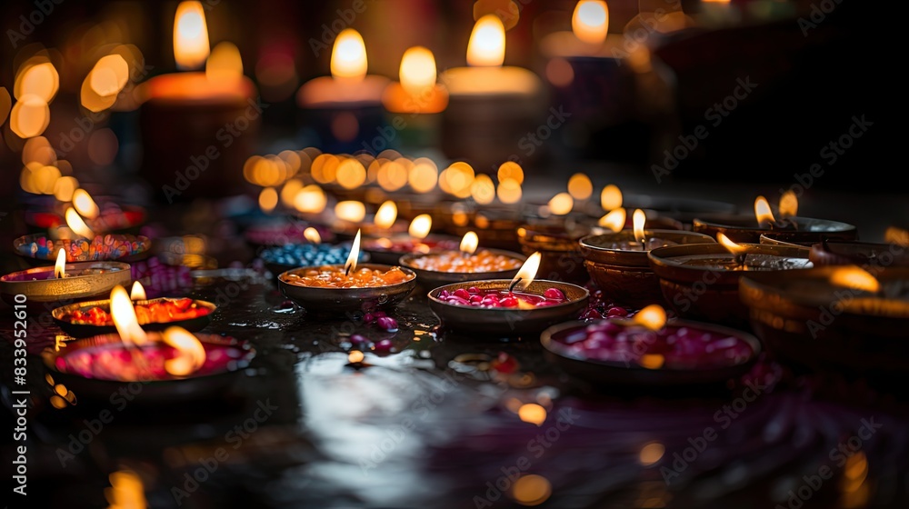 Close-up view of glowing terracotta oil lamps (diyas) with flames during the Indian festival of Diwali, depicting the victory of light over darkness Close-up view of glowing terracotta oil lamps (diyas) with flames during the Indian festival of Diwali, depicting the victory of light over darkness