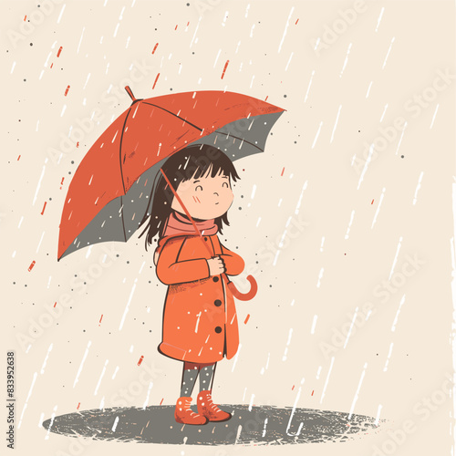 vector little girl with an umbrella in the rain on a white background .Generative AI