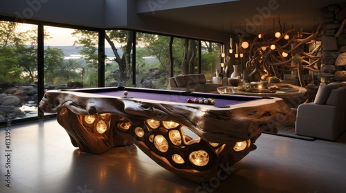 Interior of a high-end game room with a uniquely crafted wooden pool table illuminated by modern light fixtures, set against a natural outdoor backdrop photo