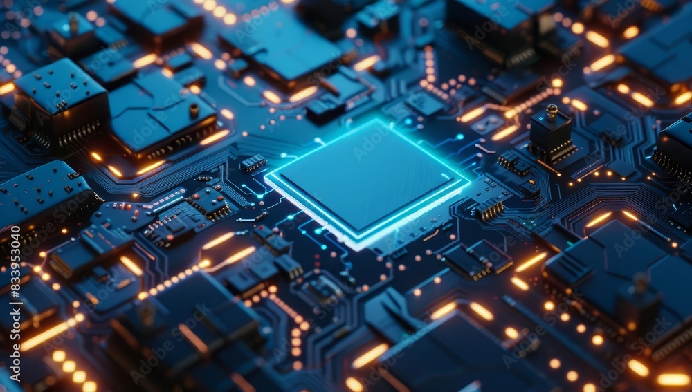 Advanced Microchip on Circuit Board with Blue and Orange Lights Advanced Microchip on Circuit Board with Blue and Orange Lights