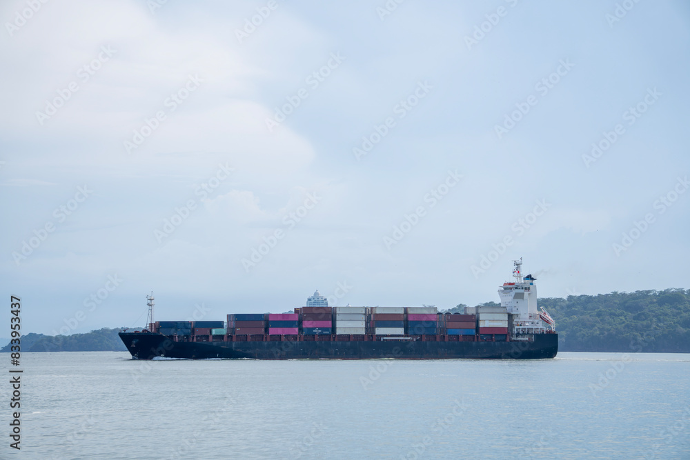 Fototapeta premium Buque lleno de contenedores de mercancía cruza la bahía de amador, luego de pasar por el Canal de Panamá