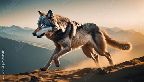 A gray wolf on the run