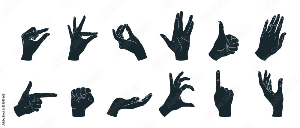 Hand gesture silhouettes set 2. Set of different hand gestures. Thumb up, pointing finger, fist; heart, cupped hand. Vector illustration Hand gesture silhouettes set 2. Set of different hand gestures. Thumb up, pointing finger, fist; heart, cupped hand. Vector illustration