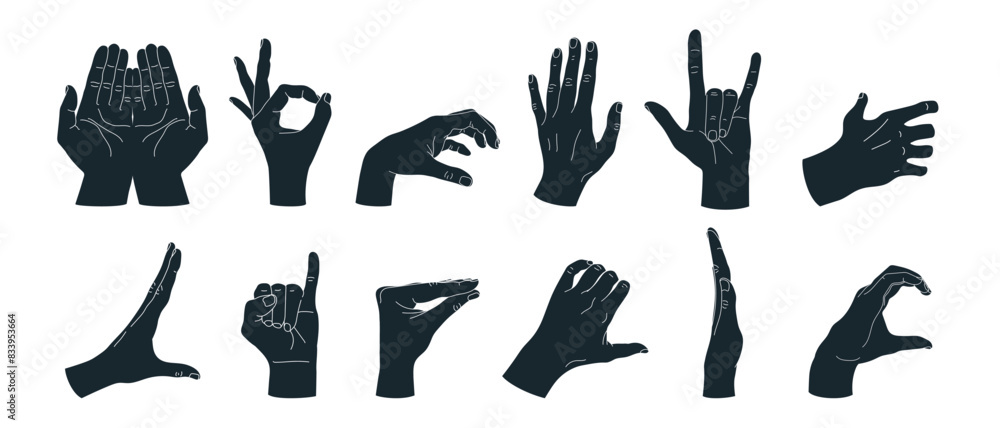 Hand gesture silhouettes set 1. Set of different hand gestures. Okay sign, rock horns, heart, holding hands. Vector illustration Hand gesture silhouettes set 1. Set of different hand gestures. Okay sign, rock horns, heart, holding hands. Vector illustration