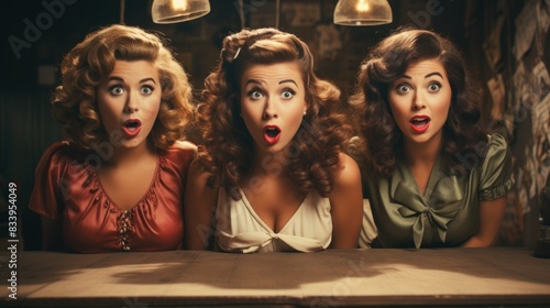 Surprised trio of women with vintage hairstyles and clothing react with open mouths