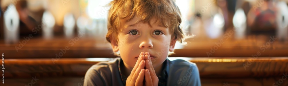 Young boy sitting at a table with his hands together Young boy sitting at a table with his hands together