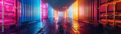 Neon Lit Shipping Containers at Night