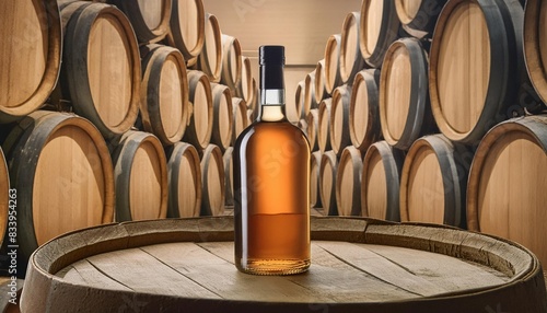 an artistic interpretation of a whiskey bottle nestled among barrels in a distillery the transparent glass reflecting the warm hues of aged spirits as they mature in oak casks