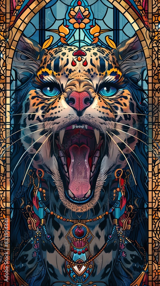 Obraz premium A cat with a mouth wide open is shown in a stained glass window