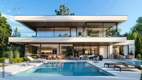 Moderne Villa mit Flachdach und Swimmingpool im Garten - Relaxen auf LiegestÃ¼hlen © Johannes