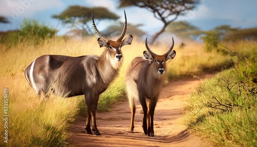 waterbucks on a muddy sandy path in the savanna