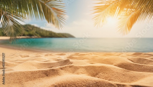 beautiful wide panorama of a paradise beach with golden sand and palm leaves in blur summer banner