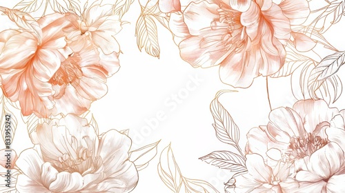 Peonies floral, luxury botanical on white background vector, empty space in the middle to leave room for text or logo, gold line wallpaper, leaves, flower, foliage, hand drawn