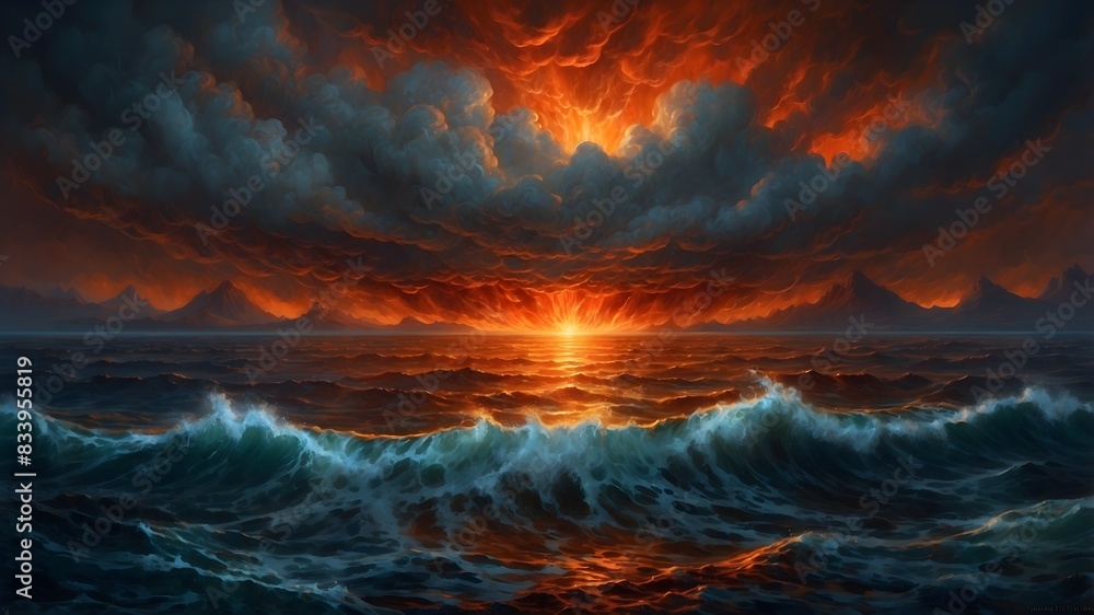 Surreal Ocean Sunset: Flames and Stormy Waves Surreal Ocean Sunset: Flames and Stormy Waves