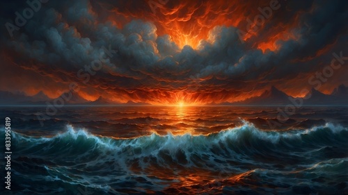 Surreal Ocean Sunset: Flames and Stormy Waves © JH Virtuell