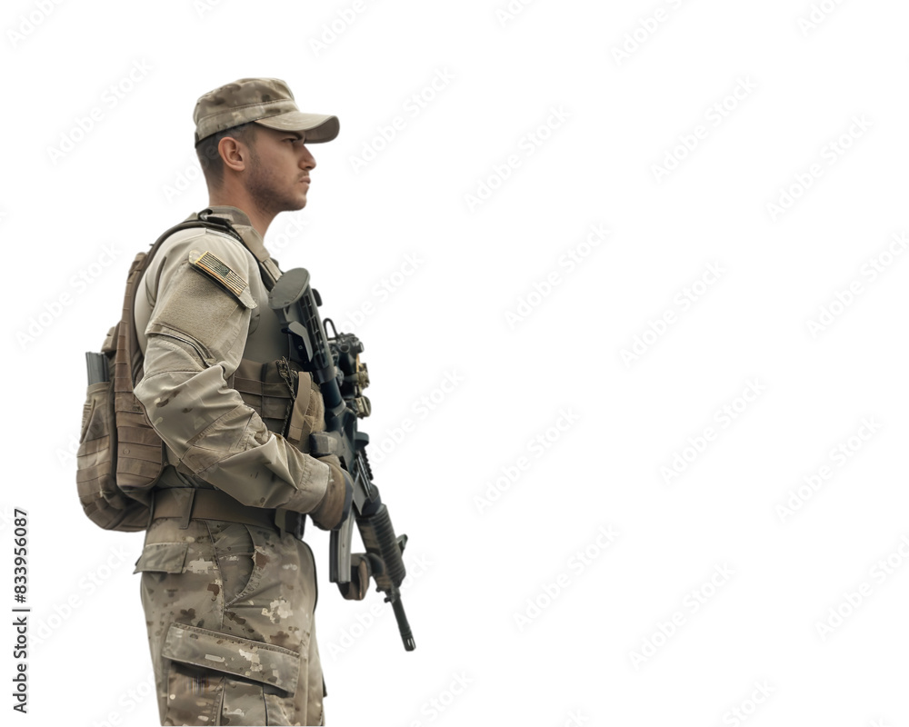 Soldier standing guard vigilant protection, security concept isolated on white background Soldier standing guard vigilant protection, security concept isolated on white background