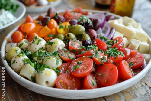 Plate of vegetables and cheese on a table, mediterranean diet