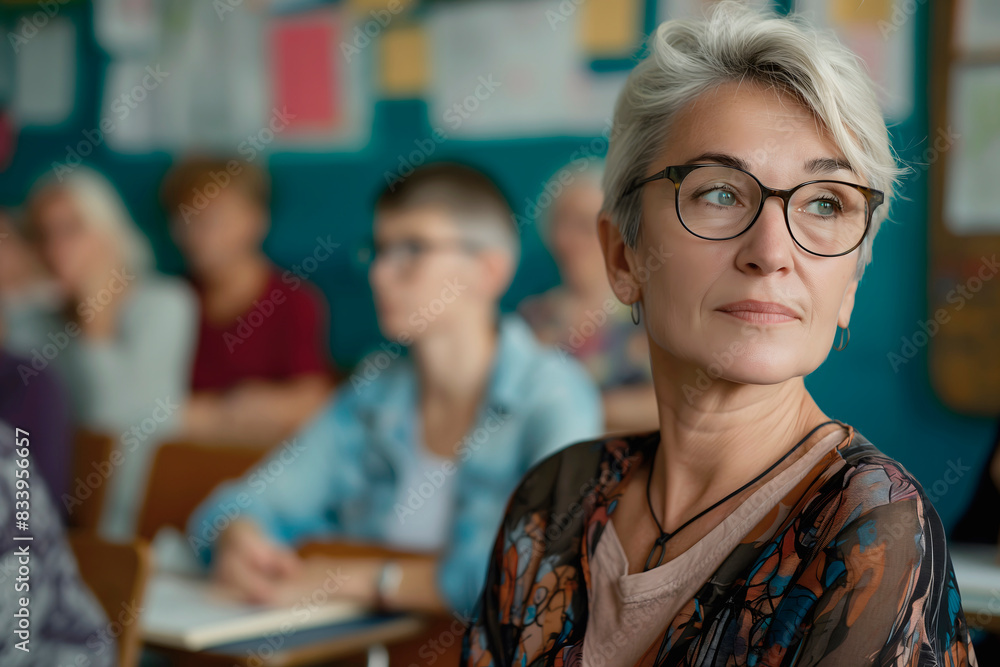 dedicated mature woman actively participates in adult education class,reflecting her commitment to learning,this image captures essence of lifelong education and personal growth at any stage of life dedicated mature woman actively participates in adult education class,reflecting her commitment to learning,this image captures essence of lifelong education and personal growth at any stage of life
