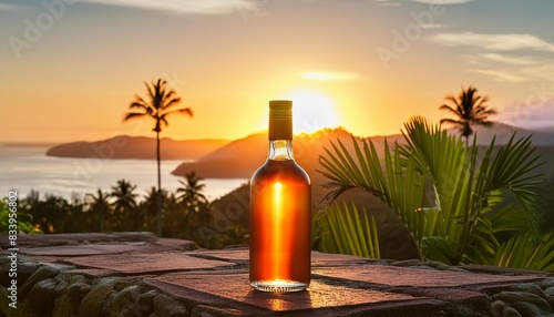no logo or trademark view of bottle of rum on sunset background
