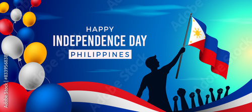 Philippine Independence Day Banner with a Man holding the Flag and Balloons flying. Vector Illustration template. Happy Independence Day Philippines. Holiday Banner.