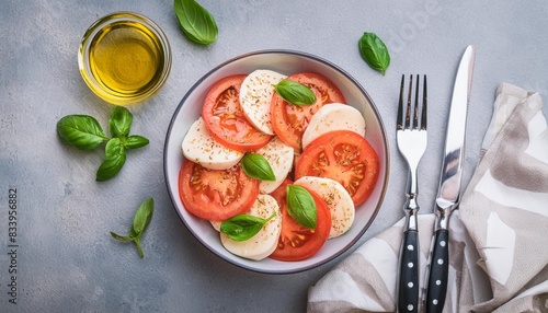 caprese salad italian salad with chopped tomatoes mozzarella basil olive oil on a gray background top view flat lay banner