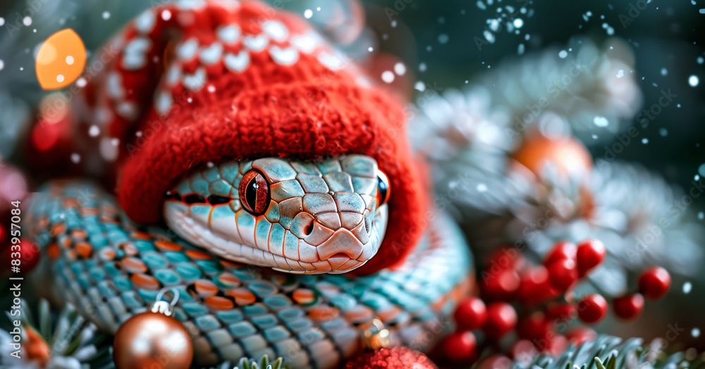 A green and blue snake, the symbol of the 2025 Chinese New Year, wears a cozy red knit hat and rests nestled amongst festive evergreen branches adorned with red berries and snow. Greeting card. A green and blue snake, the symbol of the 2025 Chinese New Year, wears a cozy red knit hat and rests nestled amongst festive evergreen branches adorned with red berries and snow. Greeting card.
