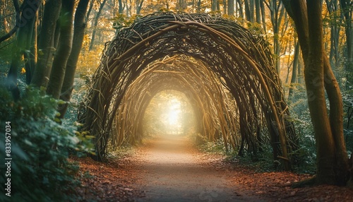 spectacular archway covered with vine in the middle of fantasy fairy tale forest photo