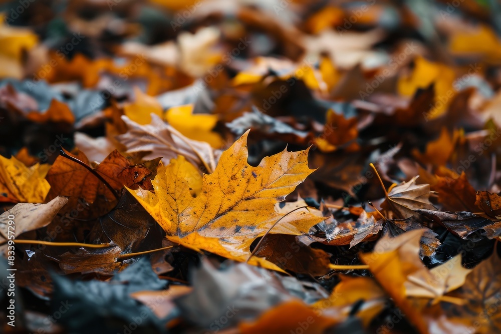 Autumn leaves , Orange maple leaves on the ground with a bokeh effect defocused background, AI generated Autumn leaves , Orange maple leaves on the ground with a bokeh effect defocused background, AI generated