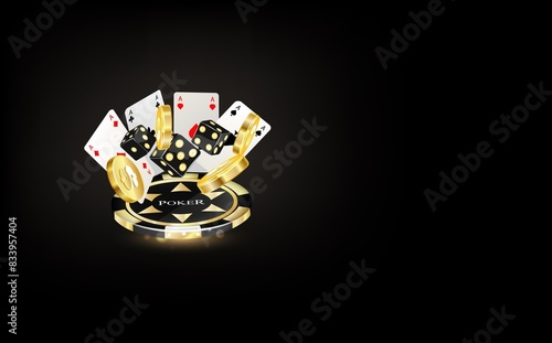 Photography Online casino, black banner with welcome bonus, button, gold casino playing card