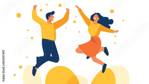 a couple of people jumping in the air with their arms up enjoy business success together flat vector illustration