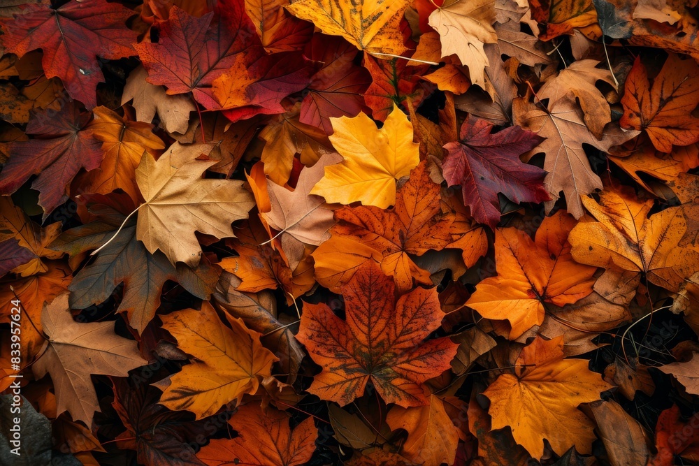 Autumn leaves , Orange maple leaves on the ground with a bokeh effect defocused background, AI generated Autumn leaves , Orange maple leaves on the ground with a bokeh effect defocused background, AI generated