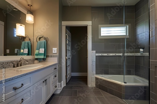 Master bathroom interior with tile flooring and modern cabinets. Master bathroom interior with tile flooring and modern cabinets with twin sink. Also large shower with gray tile wall trim and white va