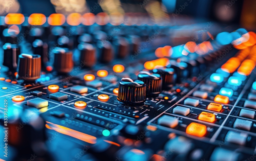 Close-up of a sound mixer console with illuminated buttons and knobs Close-up of a sound mixer console with illuminated buttons and knobs
