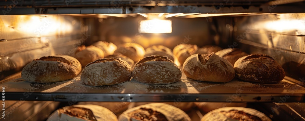 Freshly baked artisan bread loaves lined up in rows inside a warm glowing bakery oven.