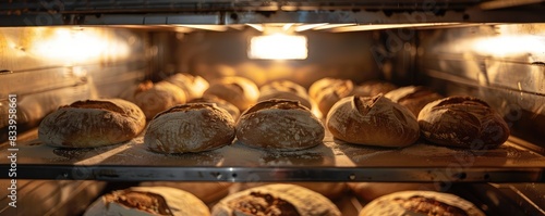 Freshly baked artisan bread loaves lined up in rows inside a warm glowing bakery oven.