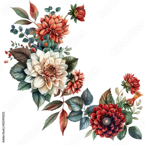 Watercolor Terracotta Floral corner border Clipart PNG element hand drawn flowers , Botanical plant illustration transparent background