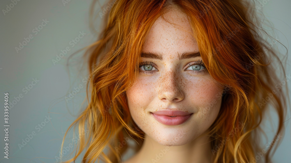 Portrait of Smiling Redhead Woman with Freckles in Stylish Outfit, Radiant Expression, Bright Day, Joyful, and Relaxed Mood Portrait of Smiling Redhead Woman with Freckles in Stylish Outfit, Radiant Expression, Bright Day, Joyful, and Relaxed Mood
